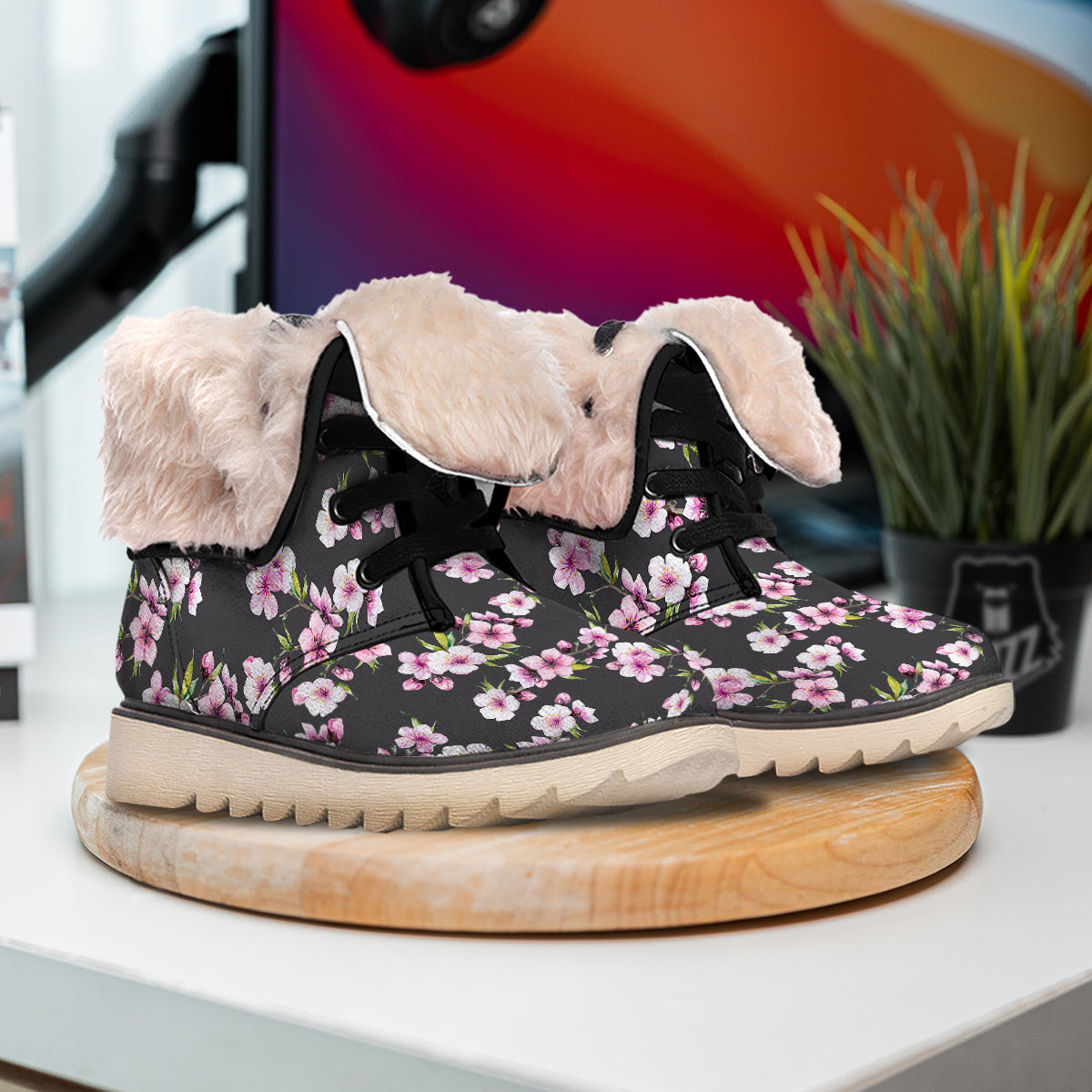 Cherry Blossom Watercolor Print Pattern Snow Boots-grizzshop