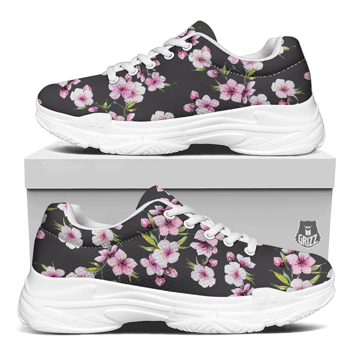 Cherry Blossom Watercolor Print Pattern White Chunky Shoes-grizzshop
