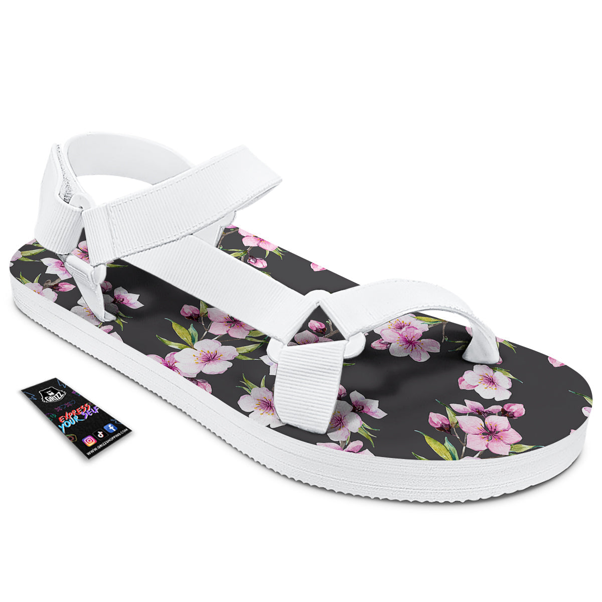 Cherry Blossom Watercolor Print Pattern White Open Toe Sandals-grizzshop