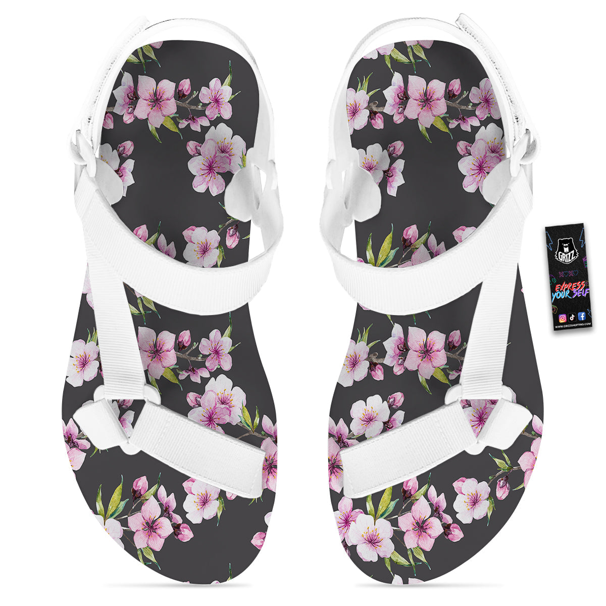 Cherry Blossom Watercolor Print Pattern White Open Toe Sandals-grizzshop