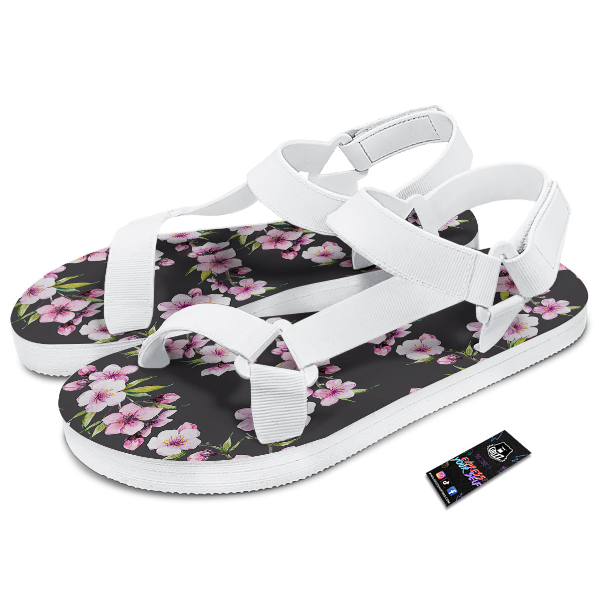 Cherry Blossom Watercolor Print Pattern White Open Toe Sandals-grizzshop