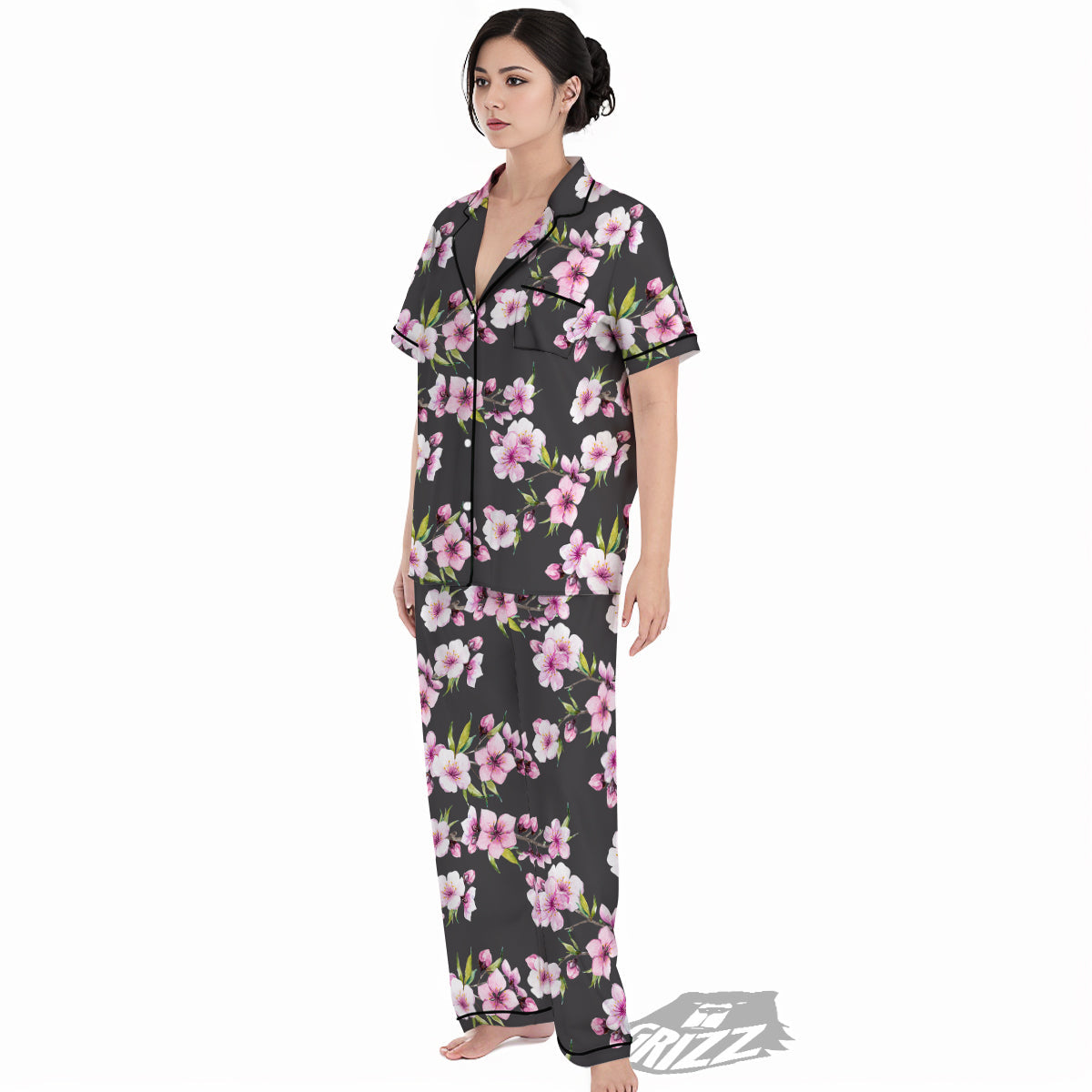 Cherry Blossom Watercolor Print Pattern Women's Pajamas Set-grizzshop