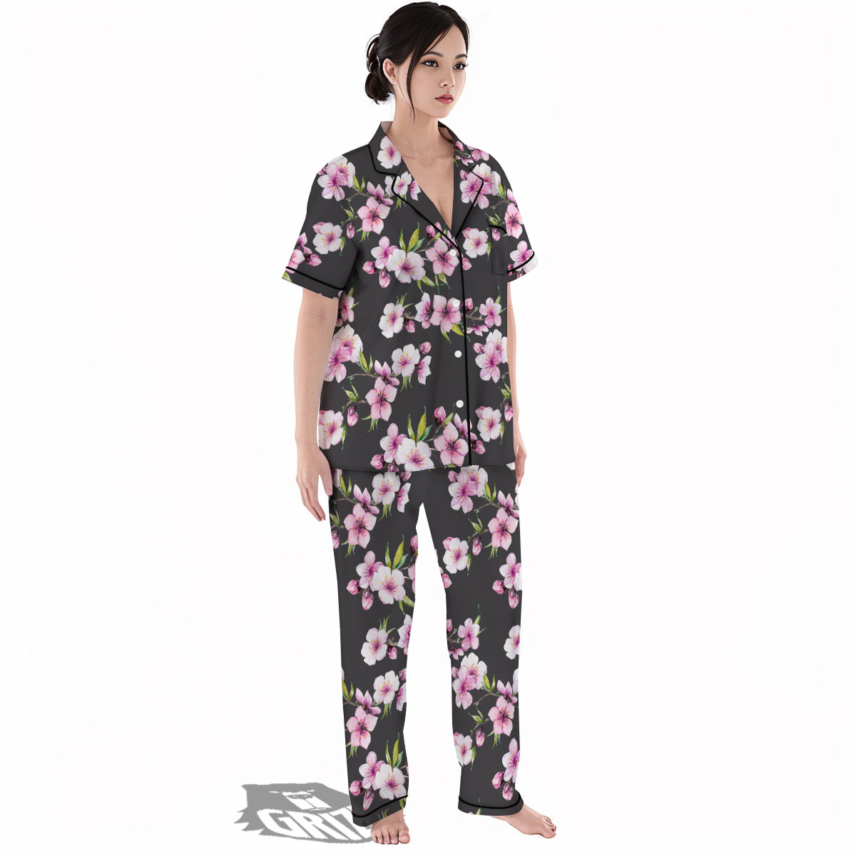 Cherry Blossom Watercolor Print Pattern Women's Pajamas Set-grizzshop
