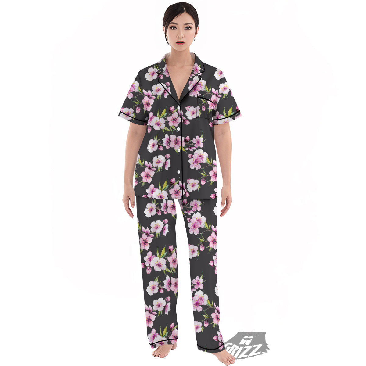 Cherry Blossom Watercolor Print Pattern Women's Pajamas Set-grizzshop