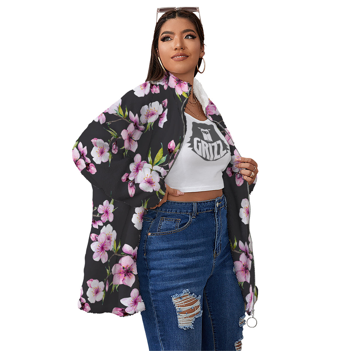 Cherry Blossom Watercolor Print Pattern Women's Sherpa Jacket-grizzshop