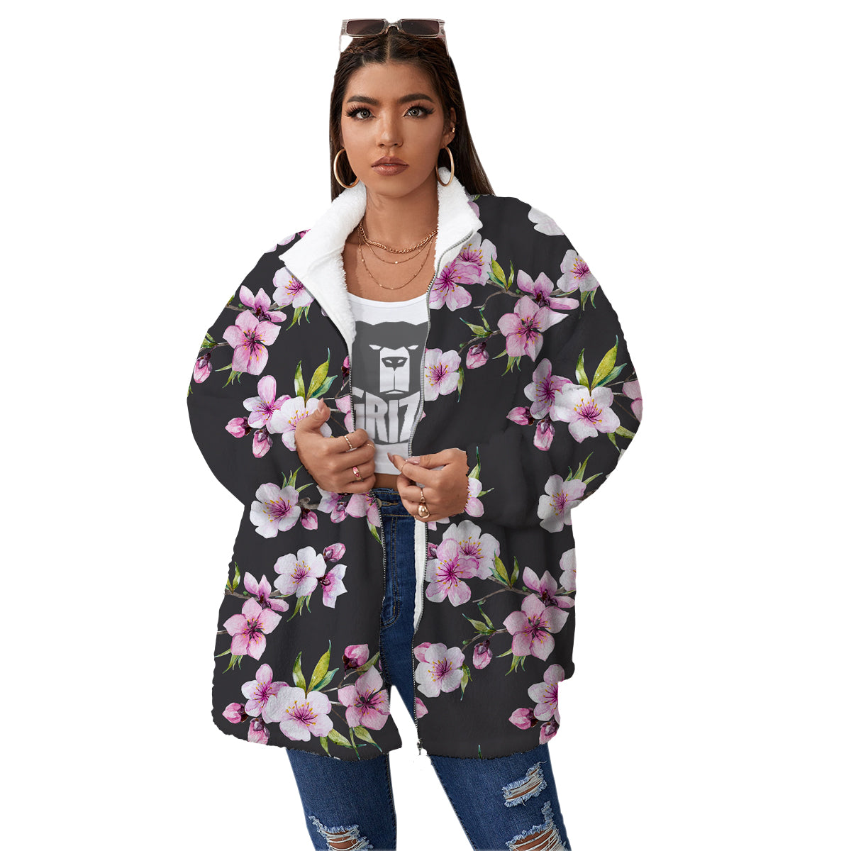 Cherry Blossom Watercolor Print Pattern Women's Sherpa Jacket-grizzshop