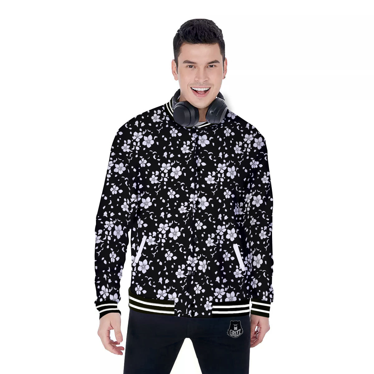 Cherry Blossom White And Black Print Baseball Jacket-grizzshop