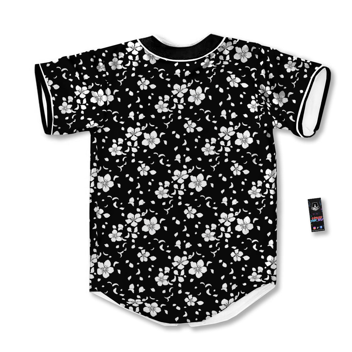 Cherry Blossom White And Black Print Baseball Jersey-grizzshop