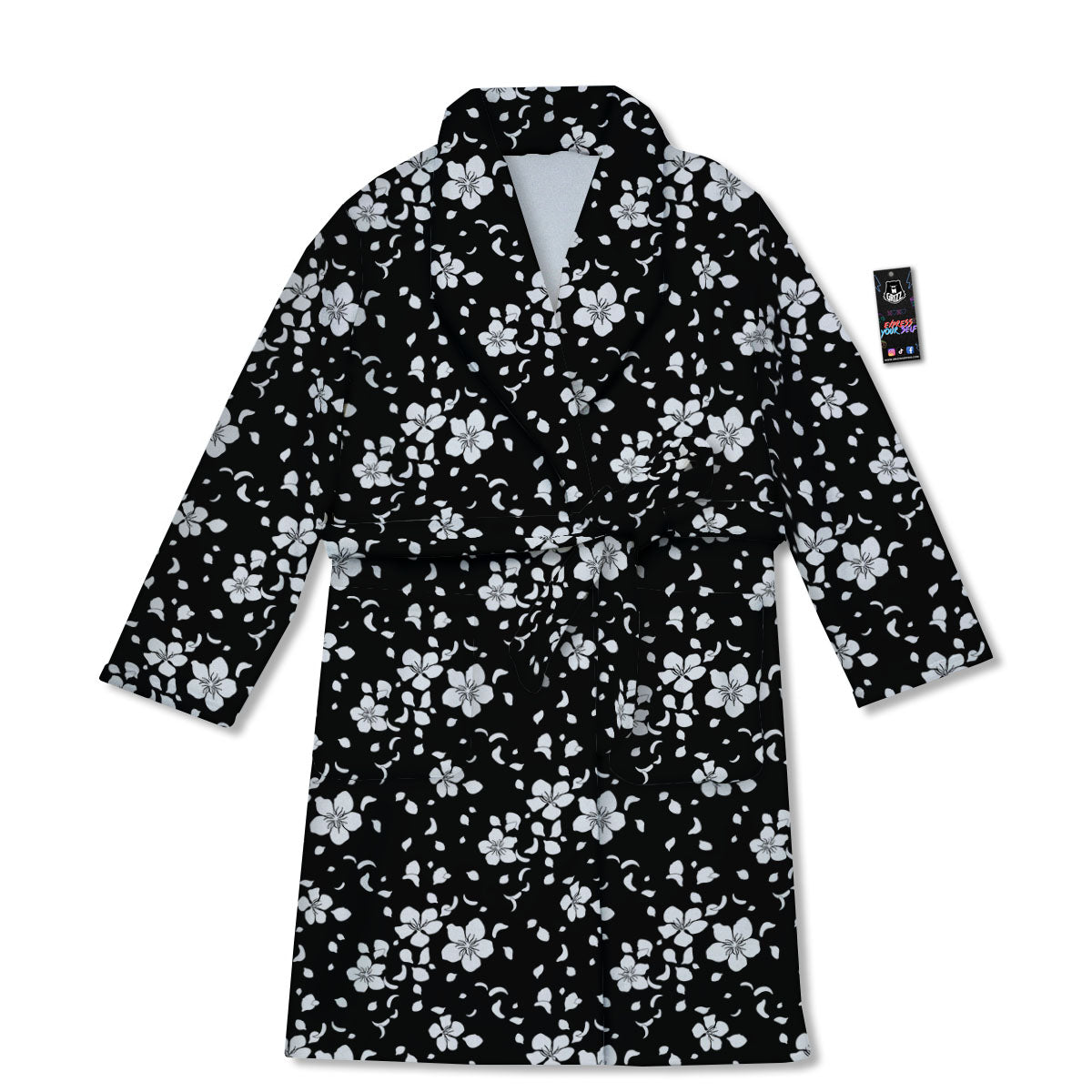 Cherry Blossom White And Black Print Bathrobe-grizzshop