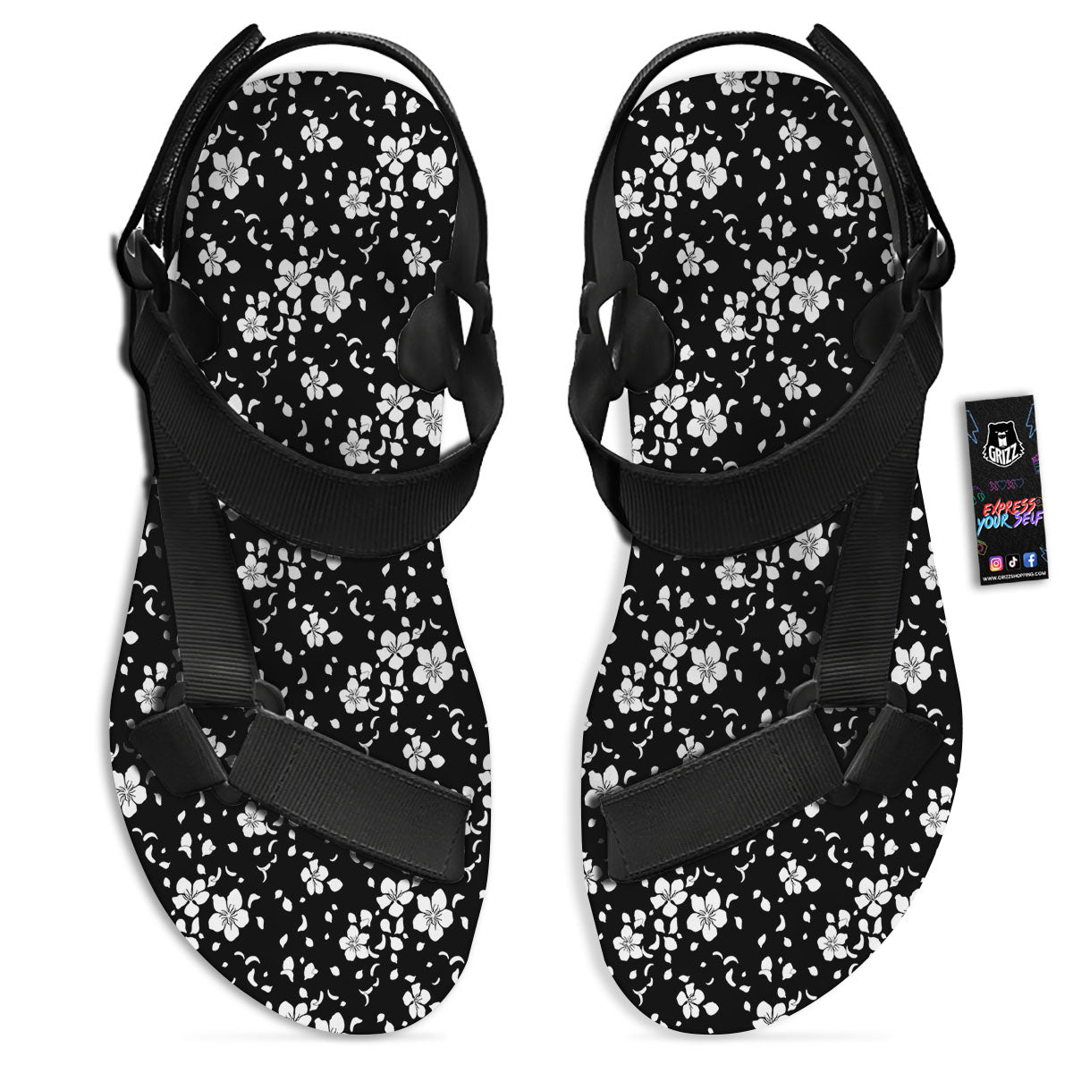 Cherry Blossom White And Black Print Black Open Toe Sandals-grizzshop