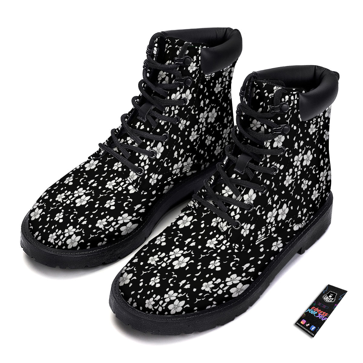 Cherry Blossom White And Black Print Boots-grizzshop