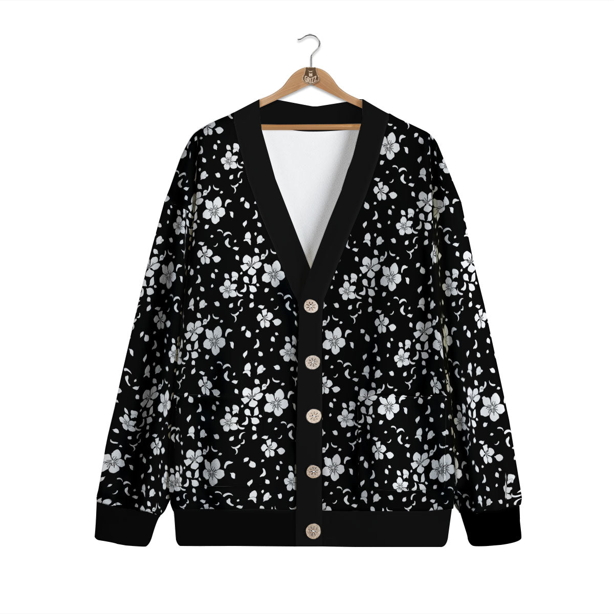 Cherry Blossom White And Black Print Cardigan-grizzshop