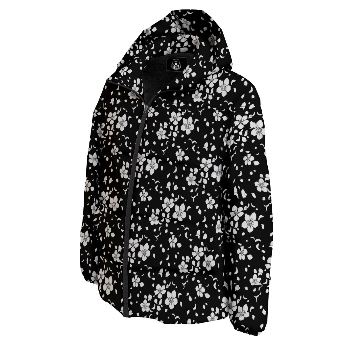 Cherry Blossom White And Black Print Down Jacket-grizzshop