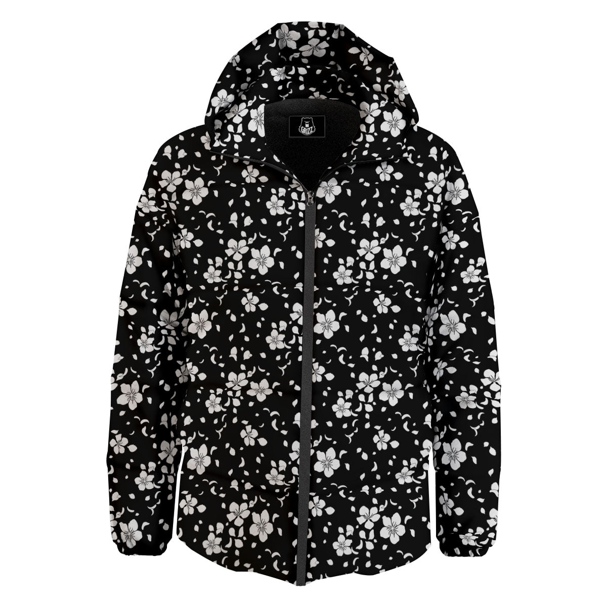 Cherry Blossom White And Black Print Down Jacket-grizzshop