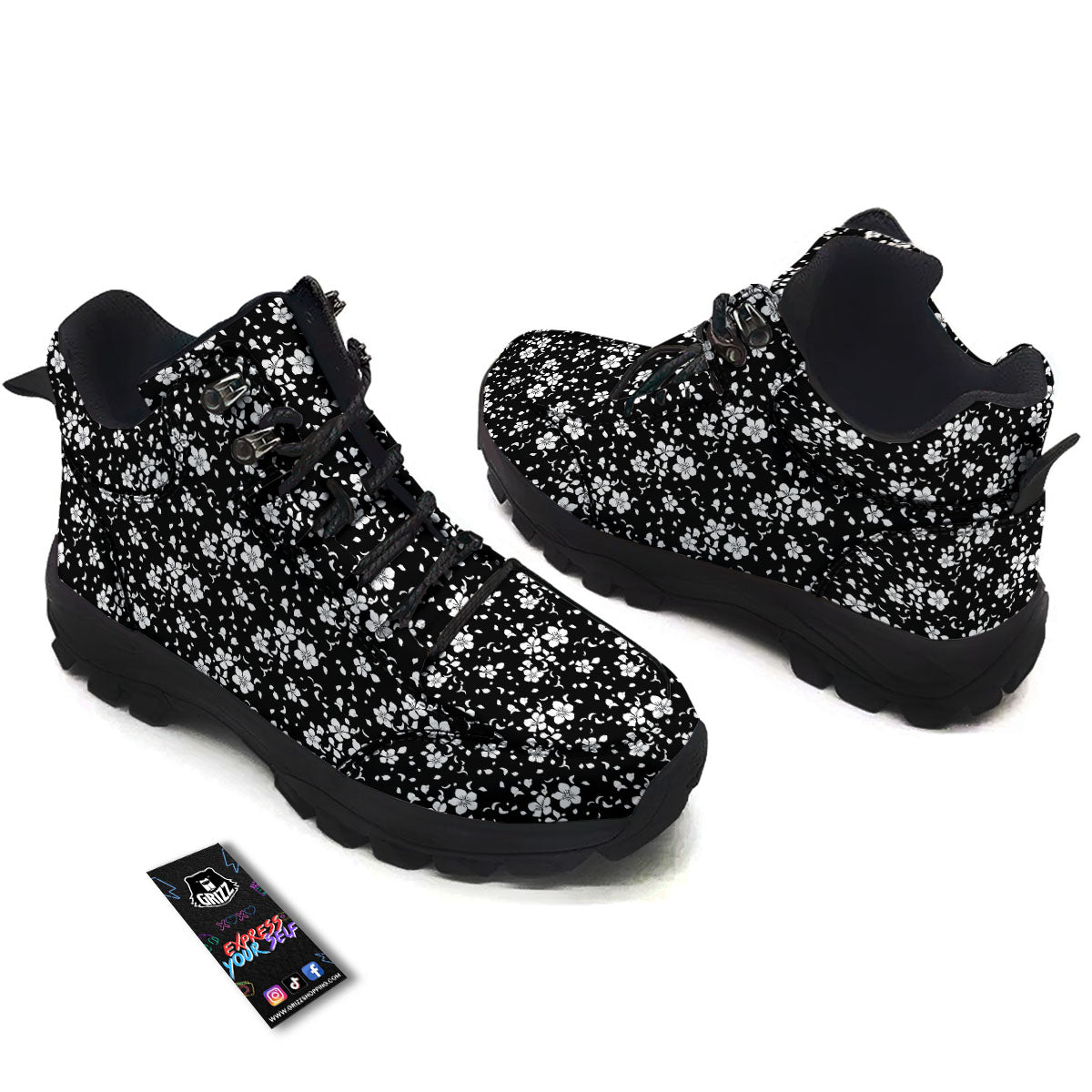 Cherry Blossom White And Black Print Hiking Shoes-grizzshop