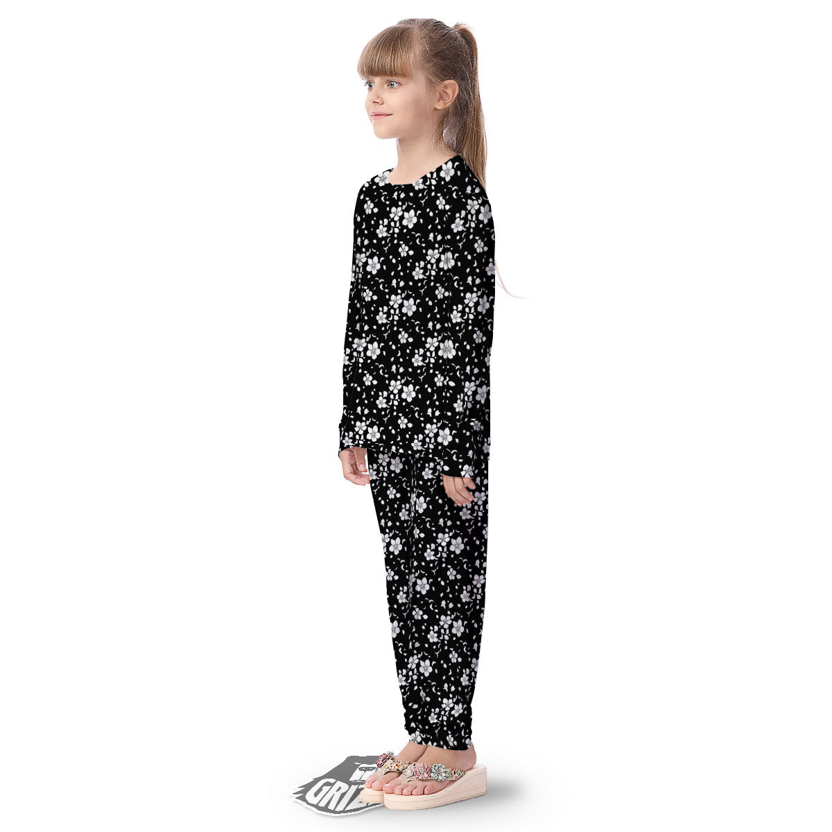 Cherry Blossom White And Black Print Kid's Pajamas-grizzshop