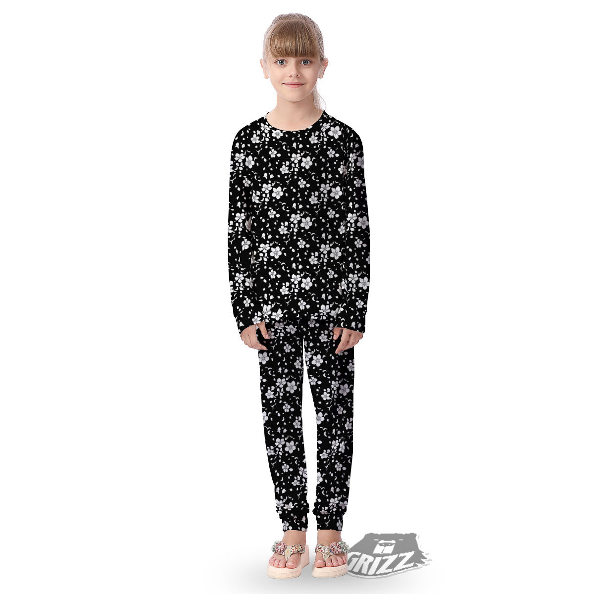 Cherry Blossom White And Black Print Kid's Pajamas-grizzshop