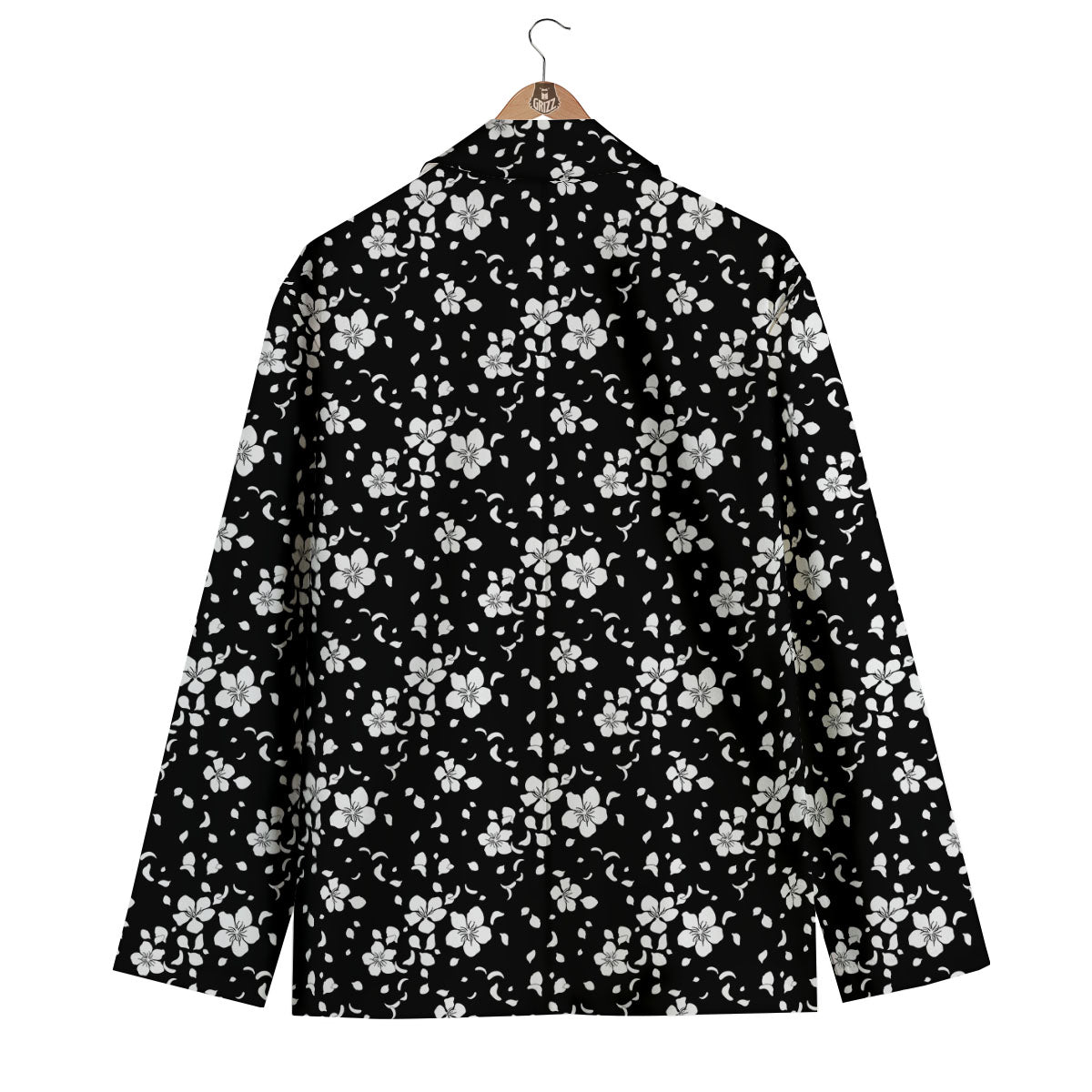 Cherry Blossom White And Black Print Men's Blazer-grizzshop