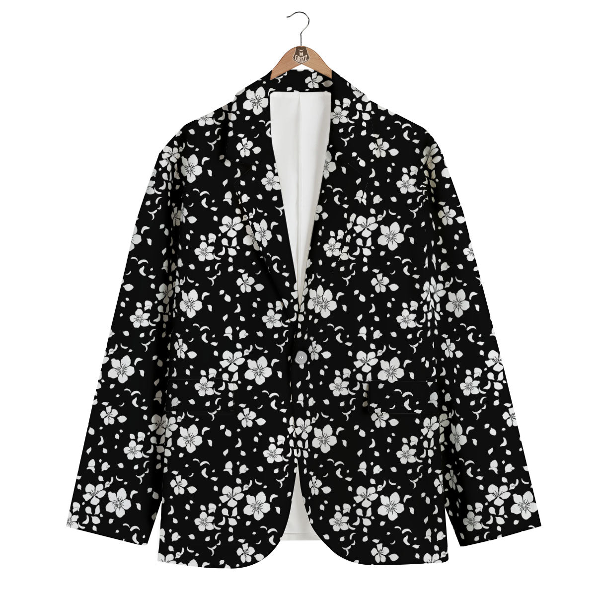 Cherry Blossom White And Black Print Men's Blazer-grizzshop