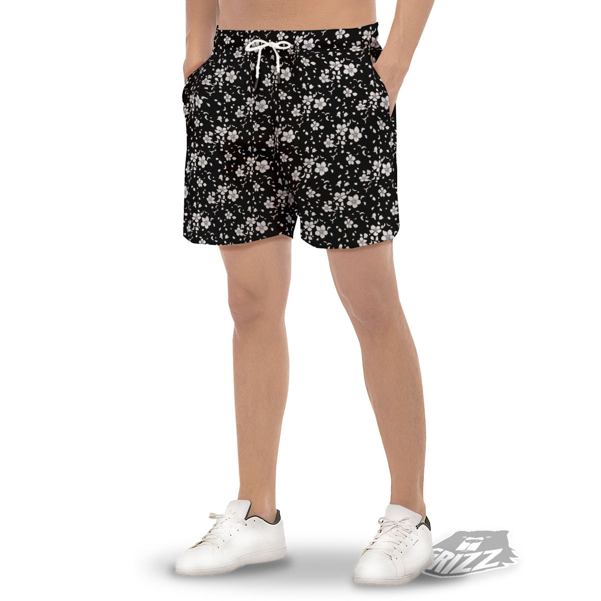 Cherry Blossom White And Black Print Men's Gym Shorts-grizzshop