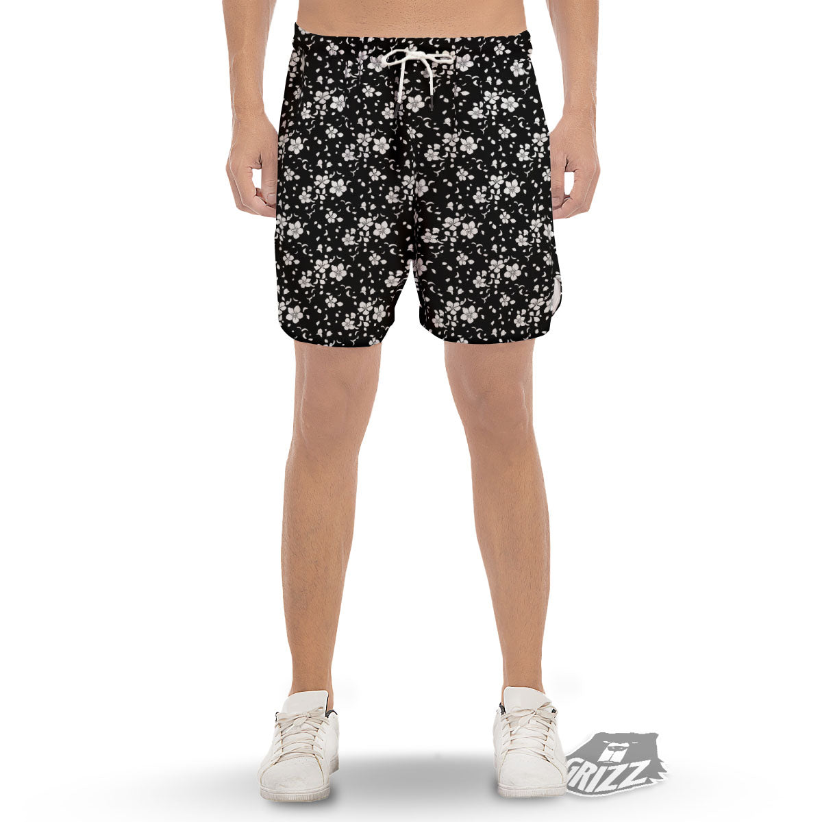 Cherry Blossom White And Black Print Men's Gym Shorts-grizzshop