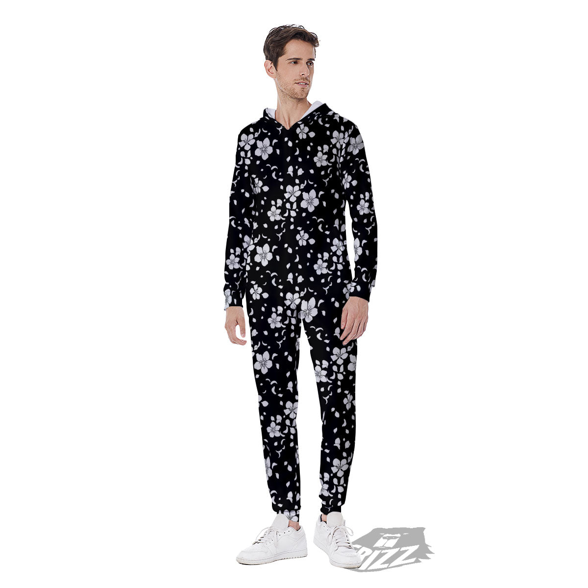 Cherry Blossom White And Black Print Men's Jumpsuit-grizzshop