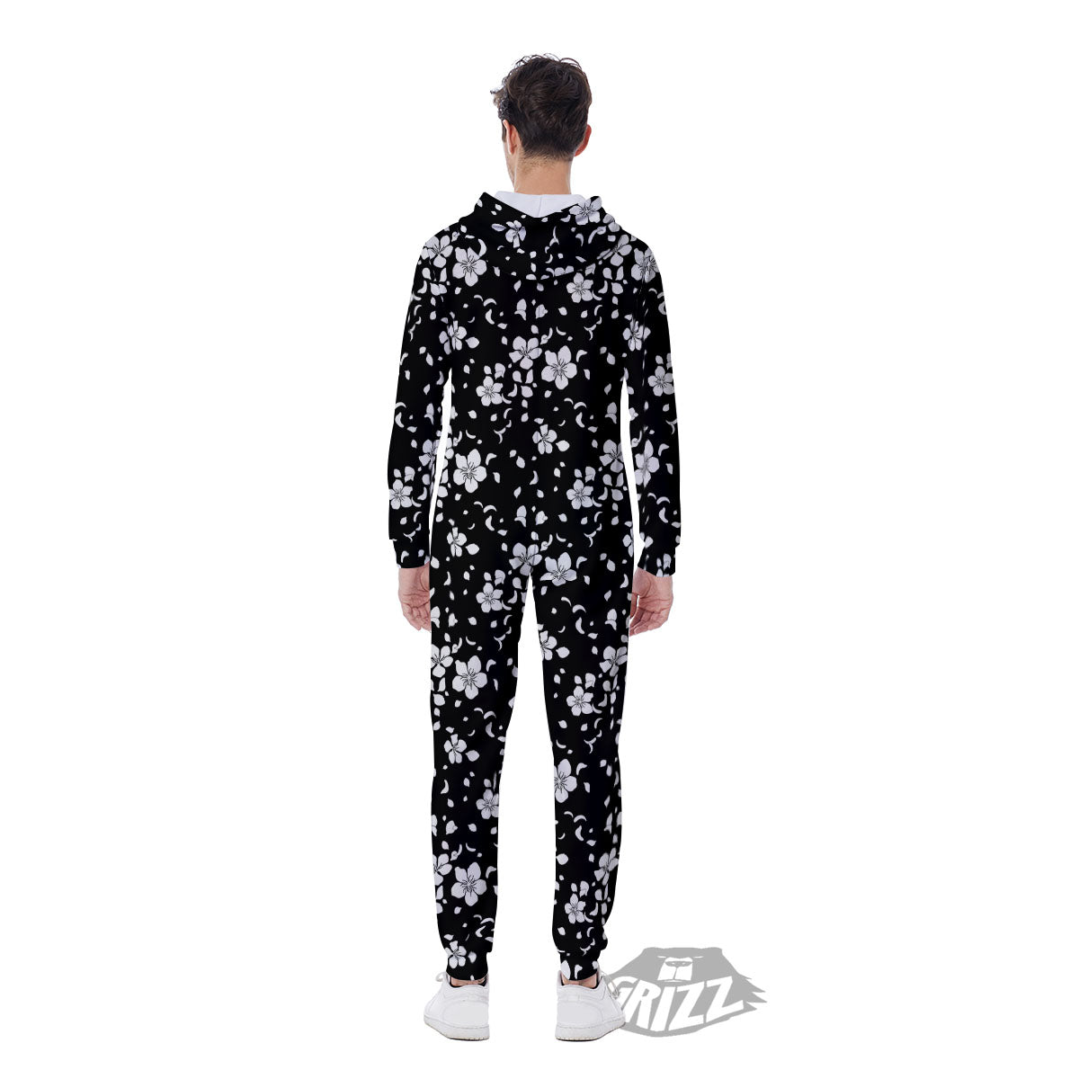 Cherry Blossom White And Black Print Men's Jumpsuit-grizzshop
