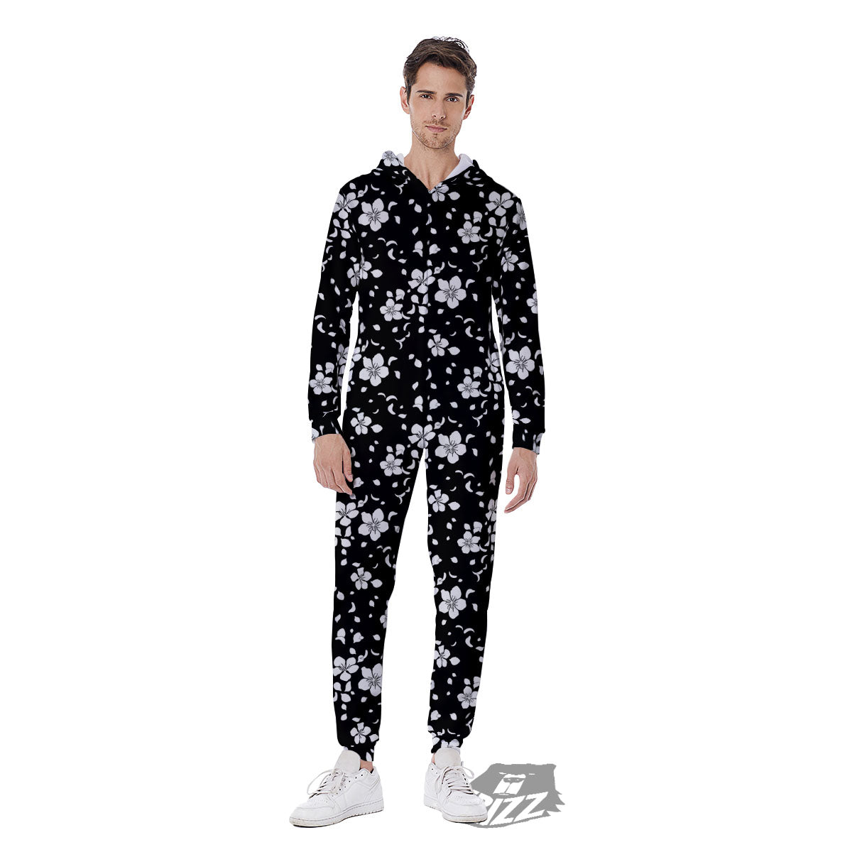Cherry Blossom White And Black Print Men's Jumpsuit-grizzshop