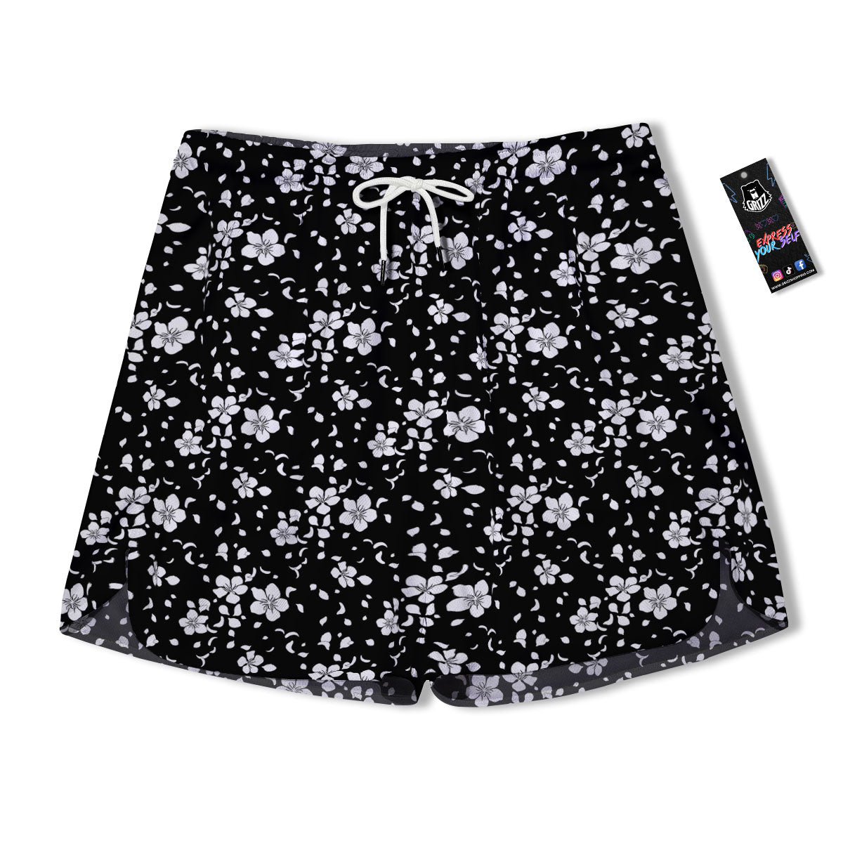 Cherry Blossom White And Black Print Men's Running Shorts-grizzshop
