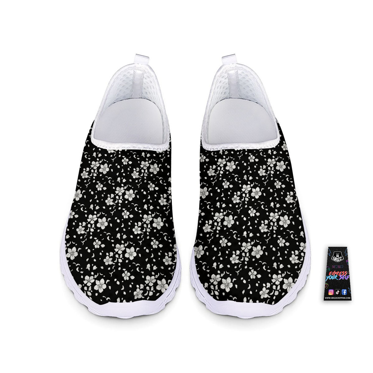 Cherry Blossom White And Black Print Nurse Shoes-grizzshop
