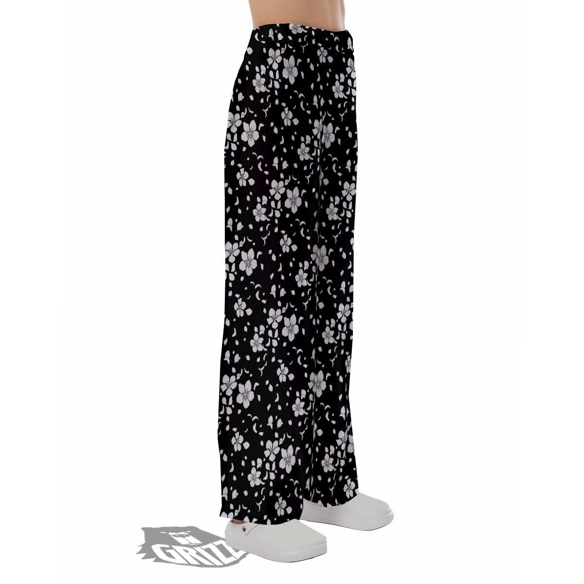 Cherry Blossom White And Black Print Pajama Pants-grizzshop