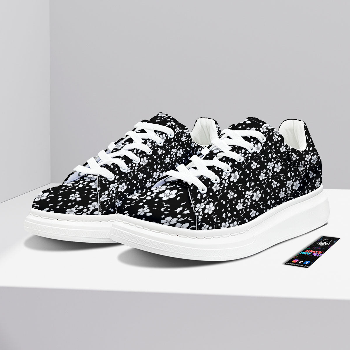 Cherry Blossom White And Black Print Platform Shoes-grizzshop
