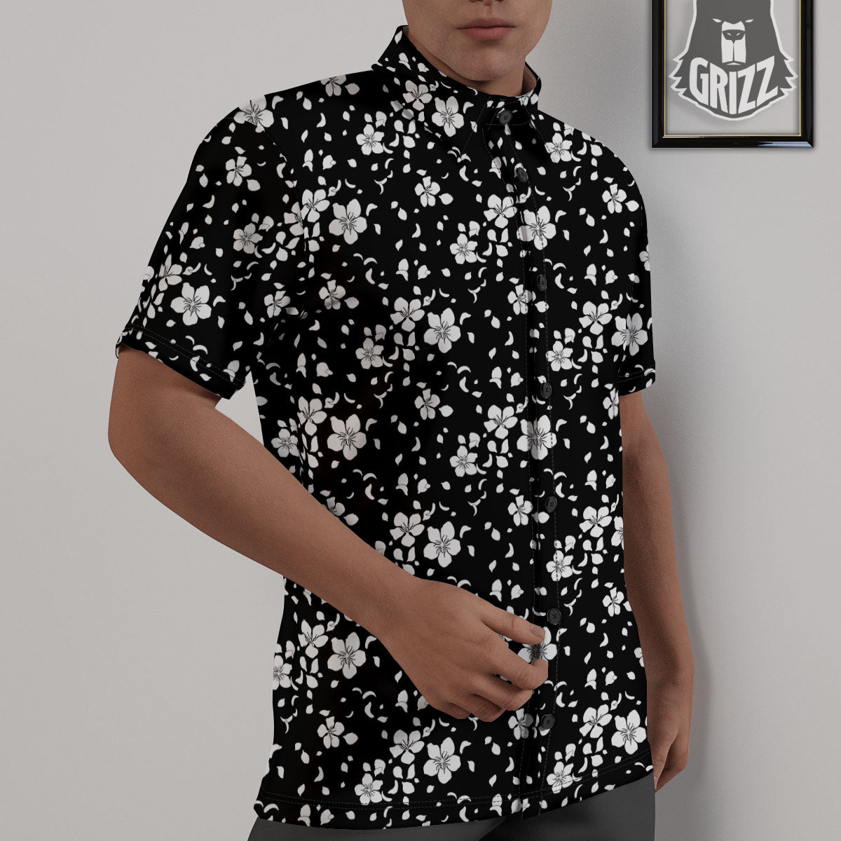 Cherry Blossom White And Black Print Untucked Shirts-grizzshop