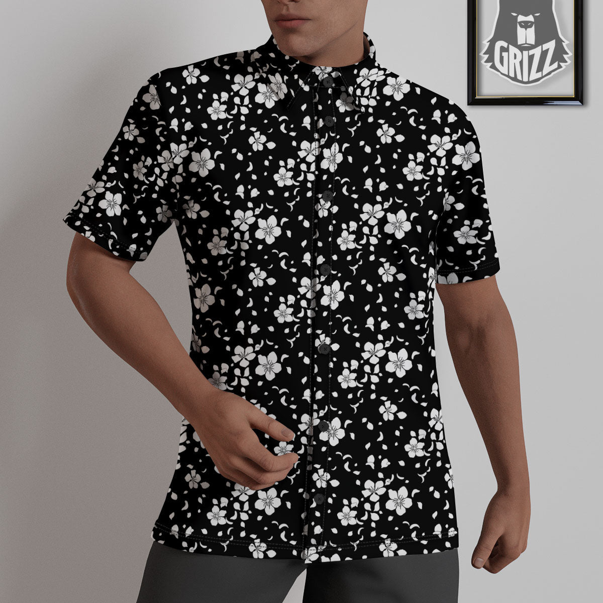 Cherry Blossom White And Black Print Untucked Shirts-grizzshop