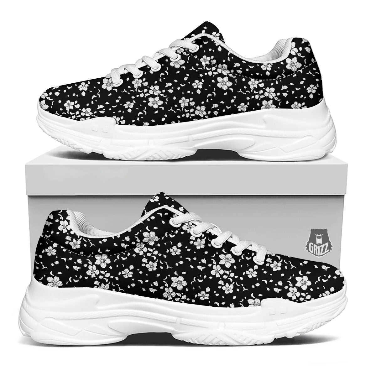 Cherry Blossom White And Black Print White Chunky Shoes-grizzshop