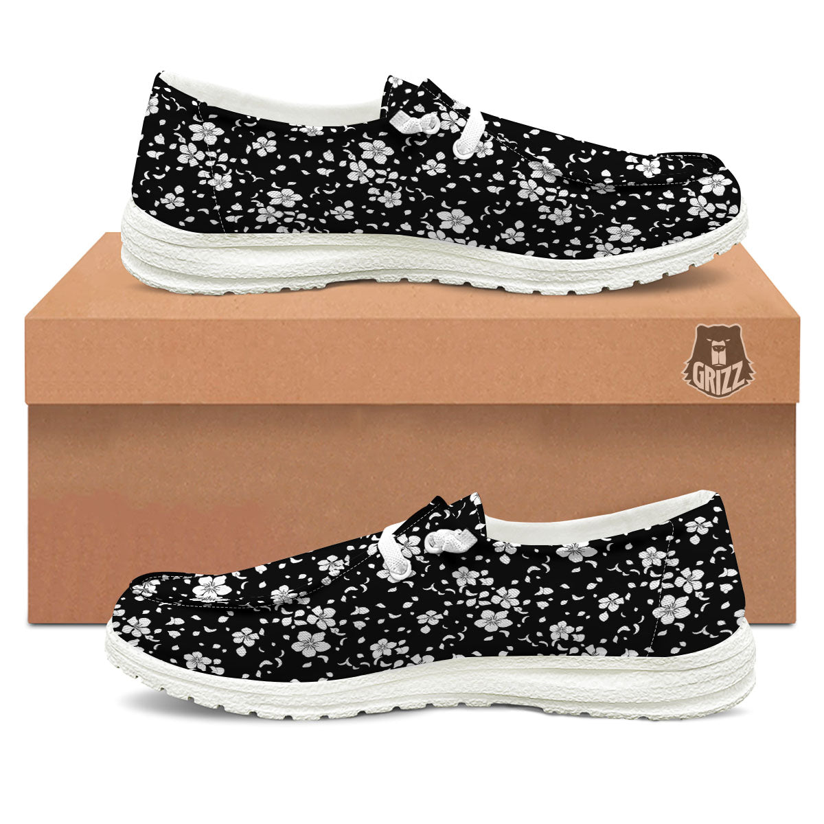 Cherry Blossom White And Black Print White Loafers-grizzshop