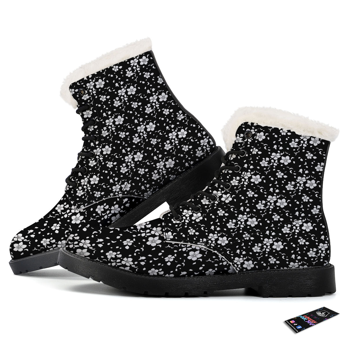 Cherry Blossom White And Black Print Winter Boots-grizzshop