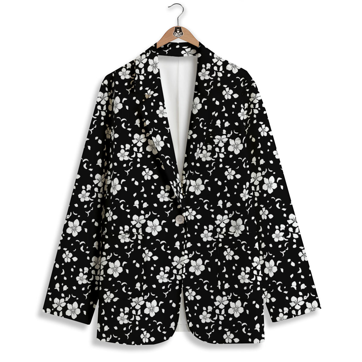 Cherry Blossom White And Black Print Women's Blazer-grizzshop