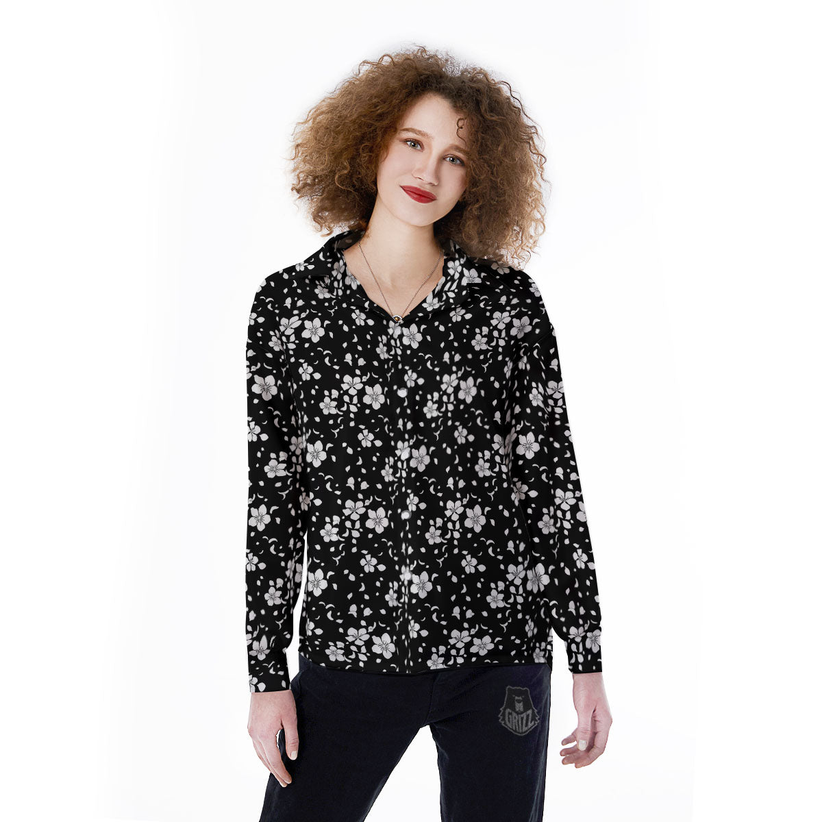 Cherry Blossom White And Black Print Women's Long Sleeve Shirts-grizzshop