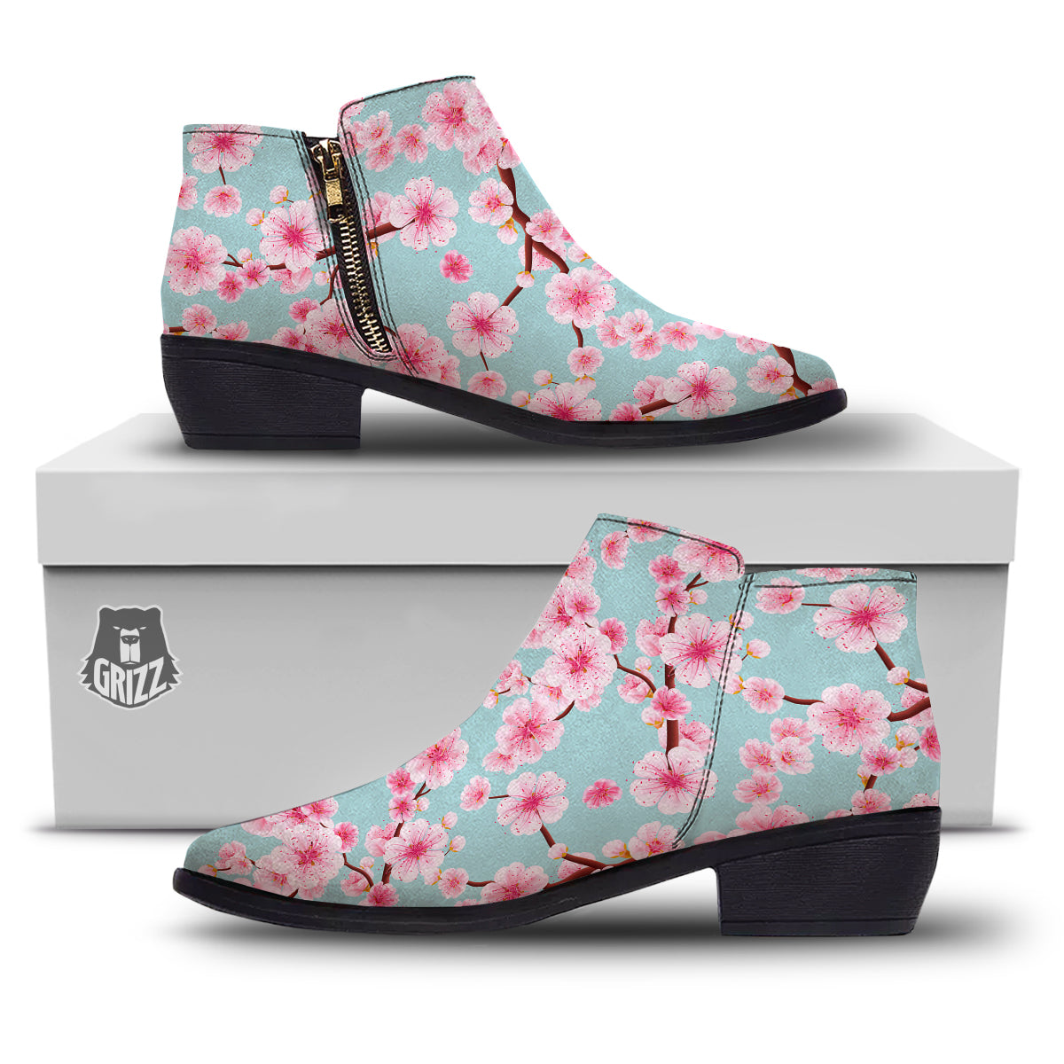 Cherry Blossom White Print Pattern Ankle Boots-grizzshop