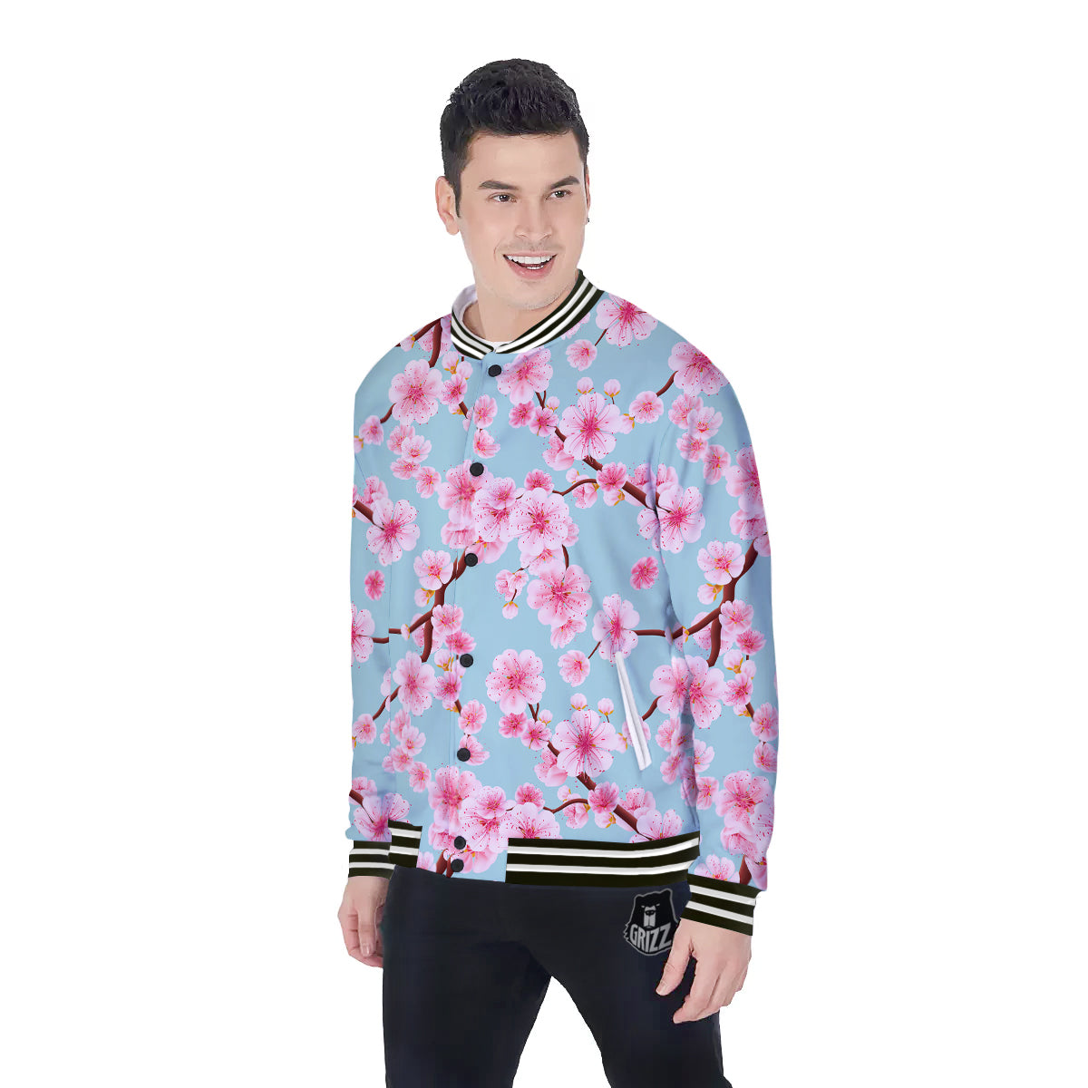 Cherry Blossom White Print Pattern Baseball Jacket-grizzshop