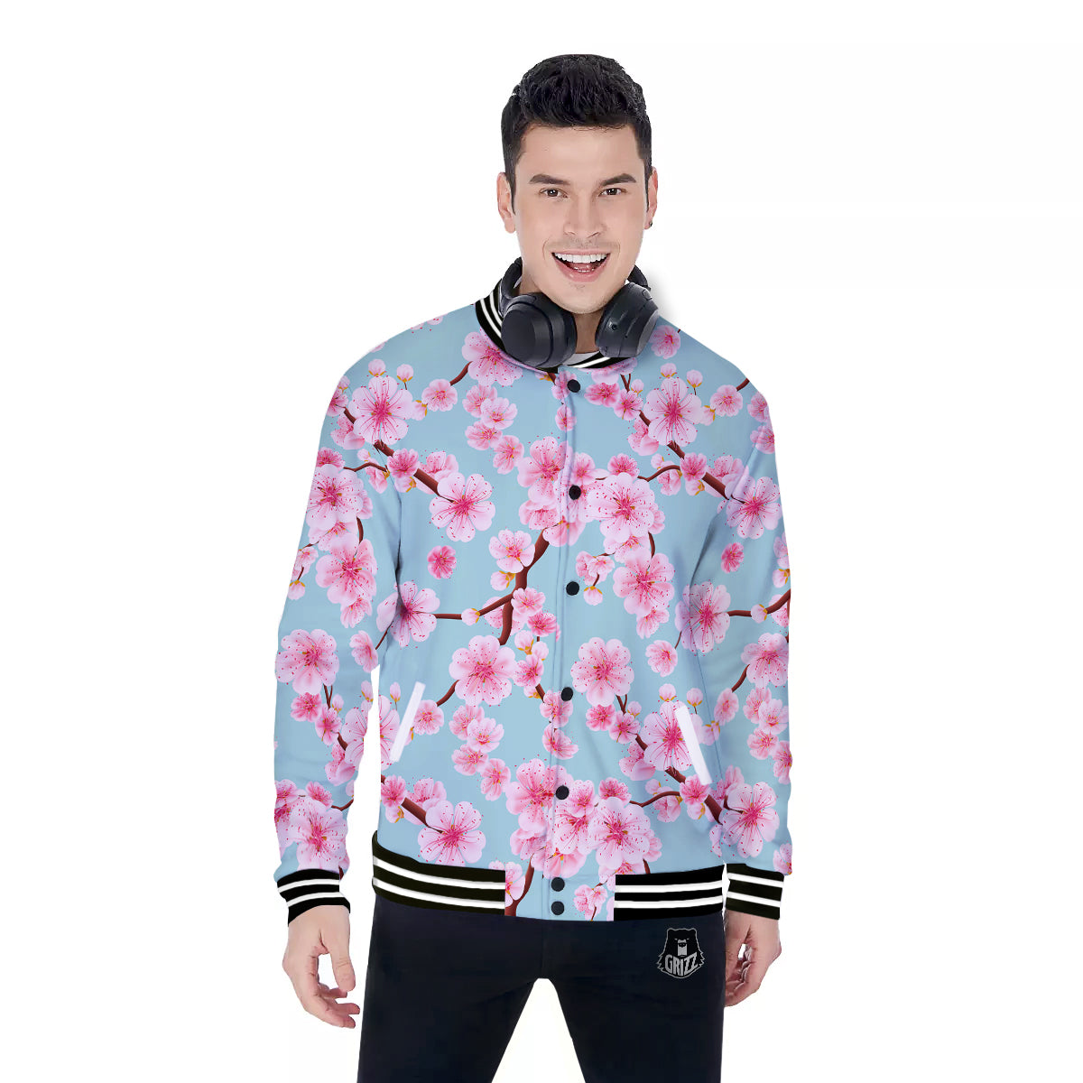 Cherry Blossom White Print Pattern Baseball Jacket-grizzshop