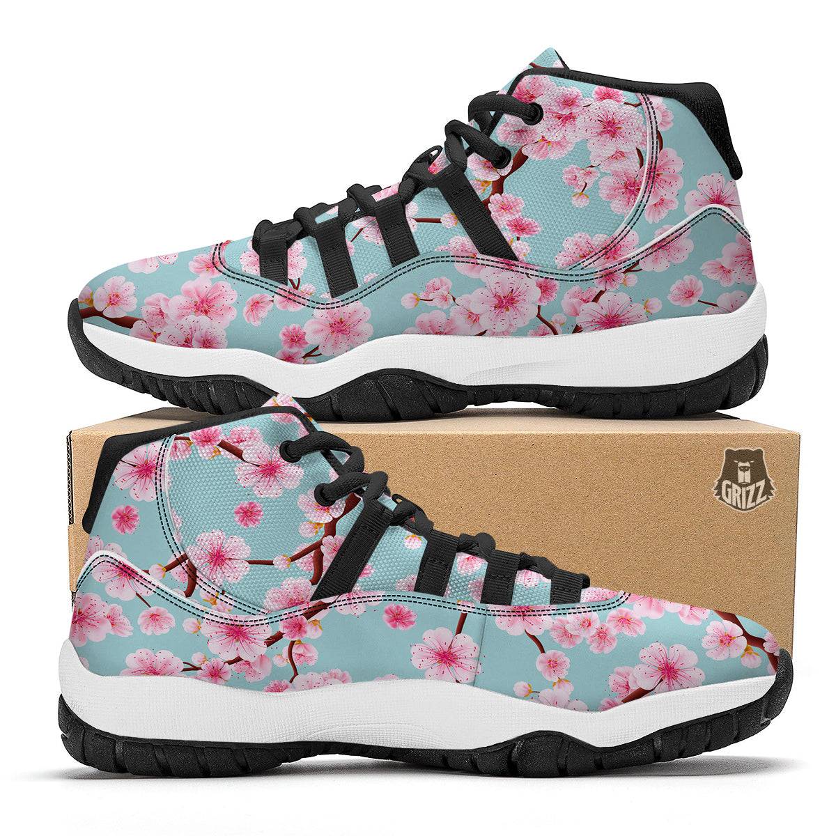 Cherry Blossom White Print Pattern Black Bball Shoes-grizzshop
