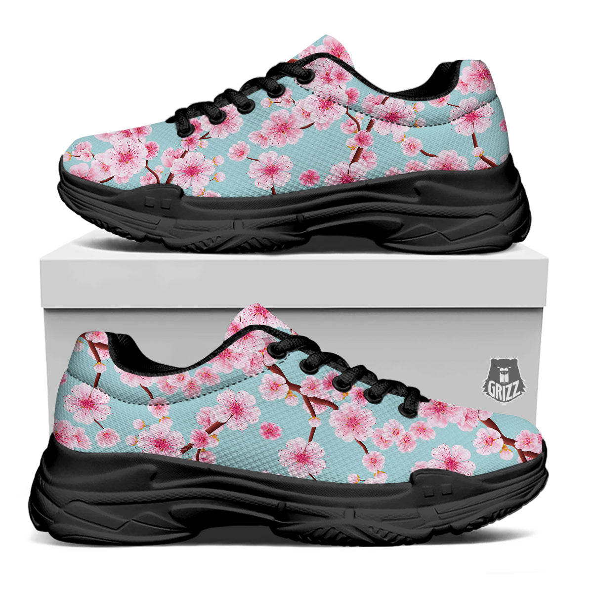 Cherry Blossom White Print Pattern Black Chunky Shoes-grizzshop