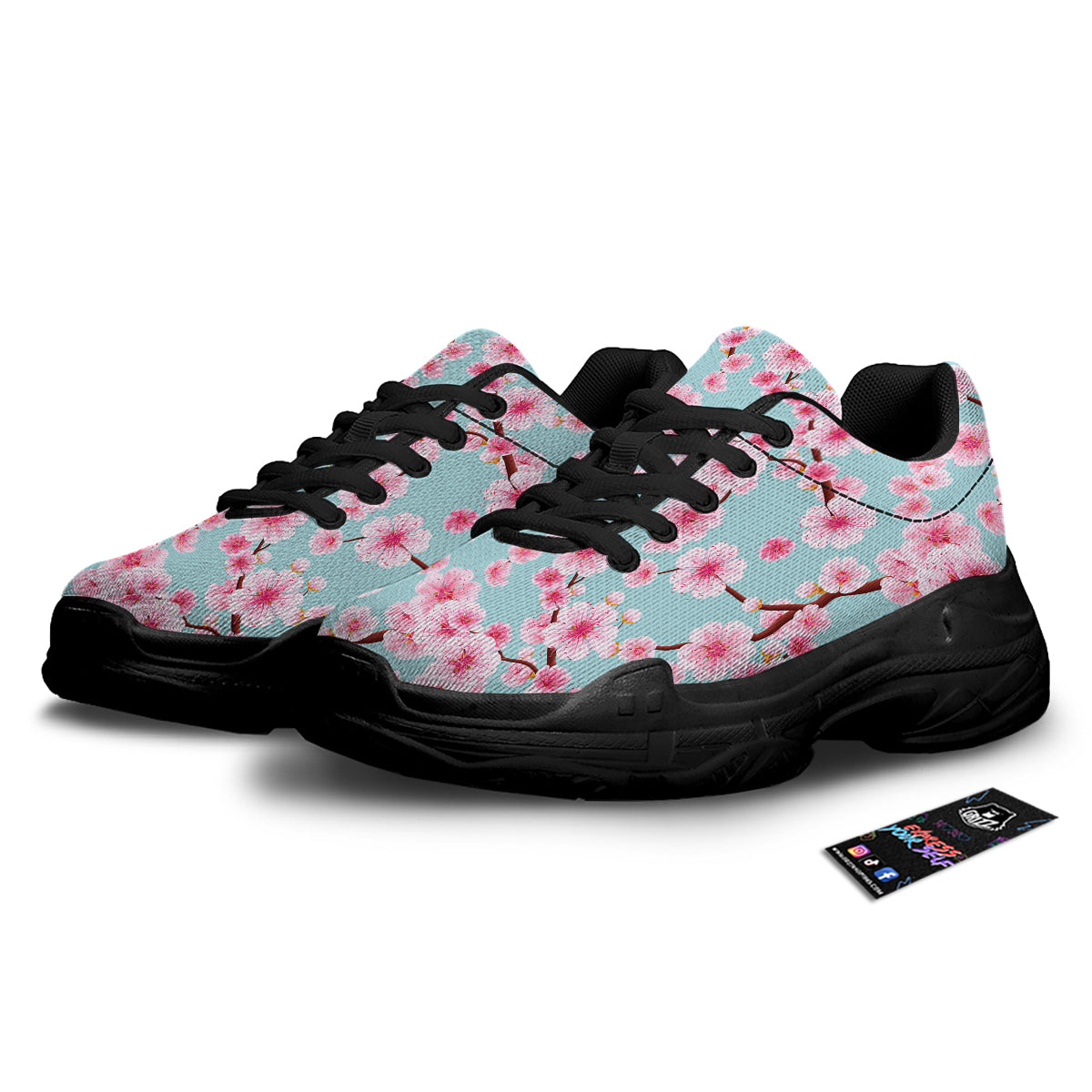 Cherry Blossom White Print Pattern Black Chunky Shoes-grizzshop