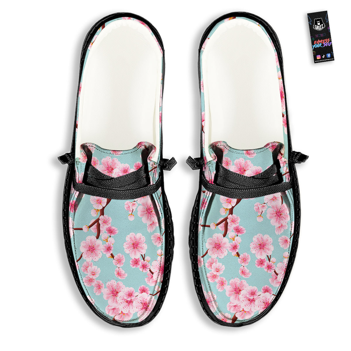 Cherry Blossom White Print Pattern Black Loafers-grizzshop