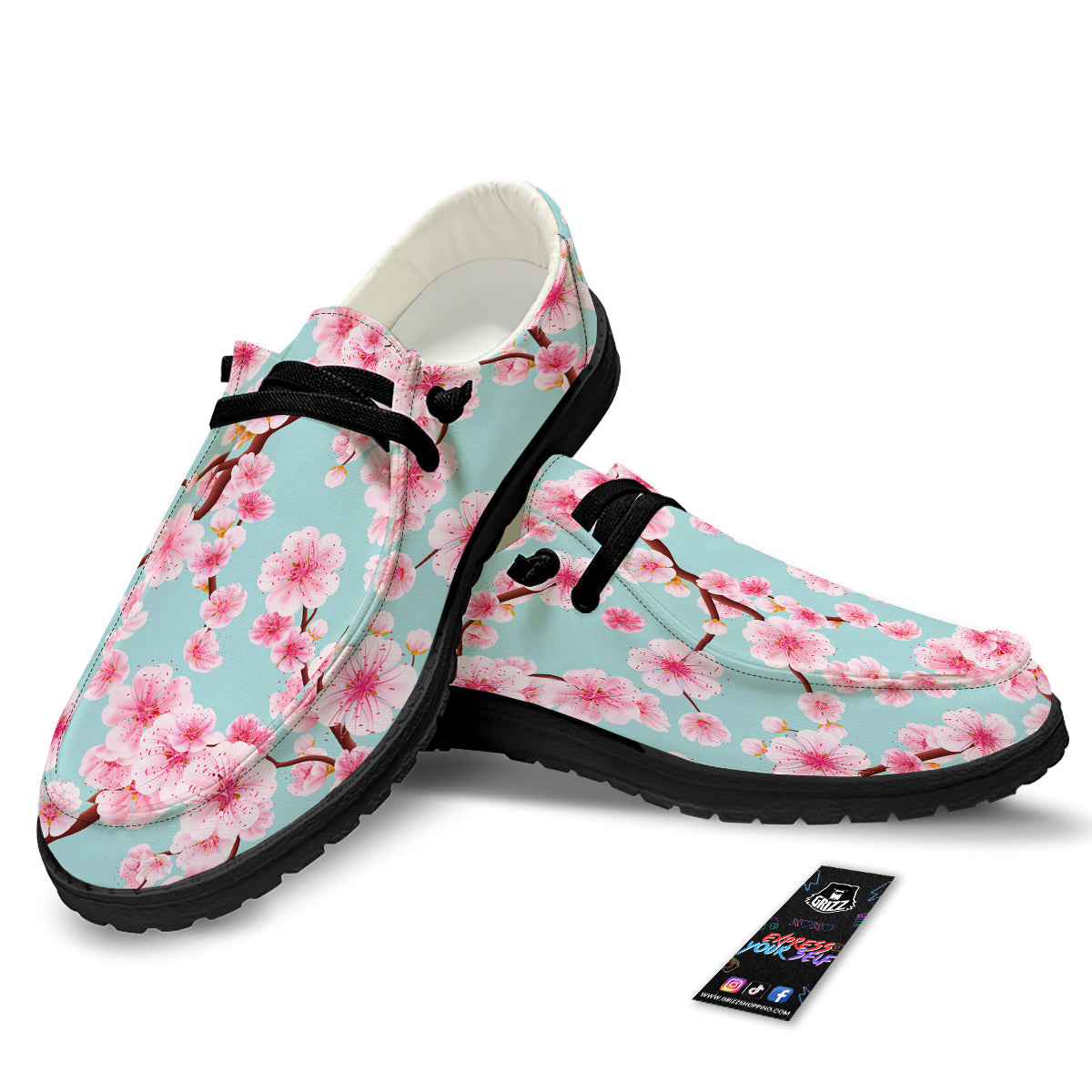 Cherry Blossom White Print Pattern Black Loafers-grizzshop