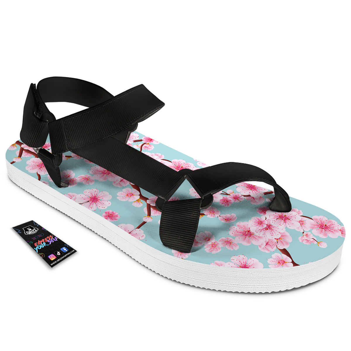 Cherry Blossom White Print Pattern Black Open Toe Sandals-grizzshop