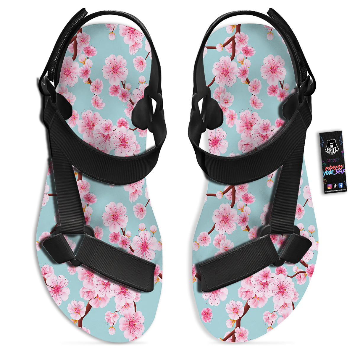 Cherry Blossom White Print Pattern Black Open Toe Sandals-grizzshop