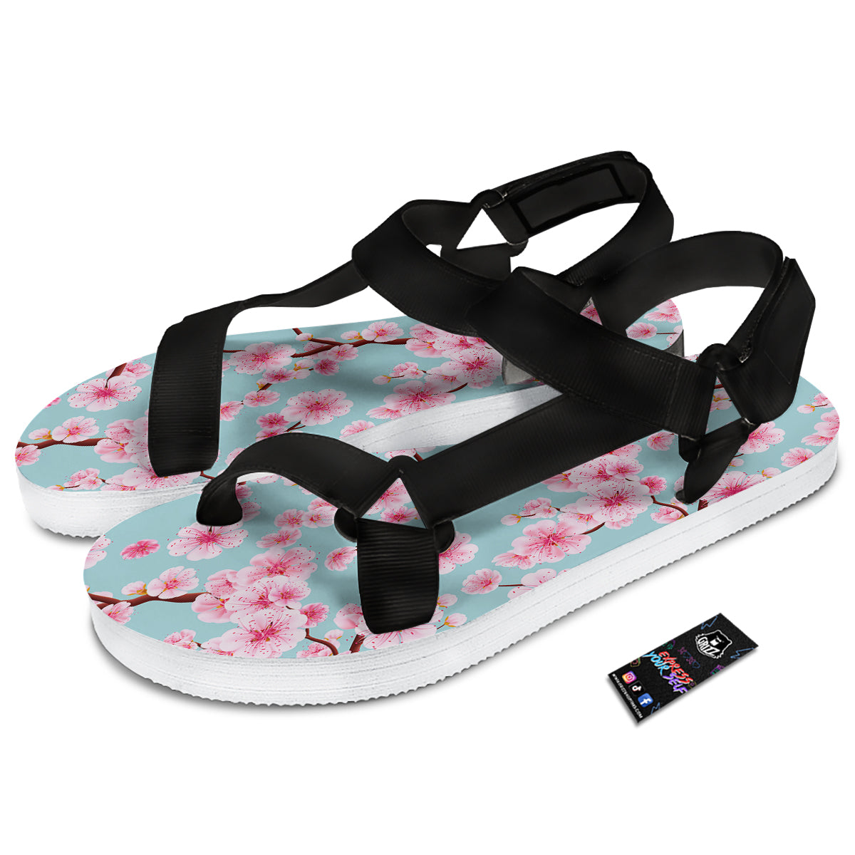 Cherry Blossom White Print Pattern Black Open Toe Sandals-grizzshop